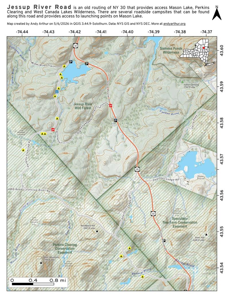 Jessup River Road - Perkins Clearing - Campsites and Mason Lake Access