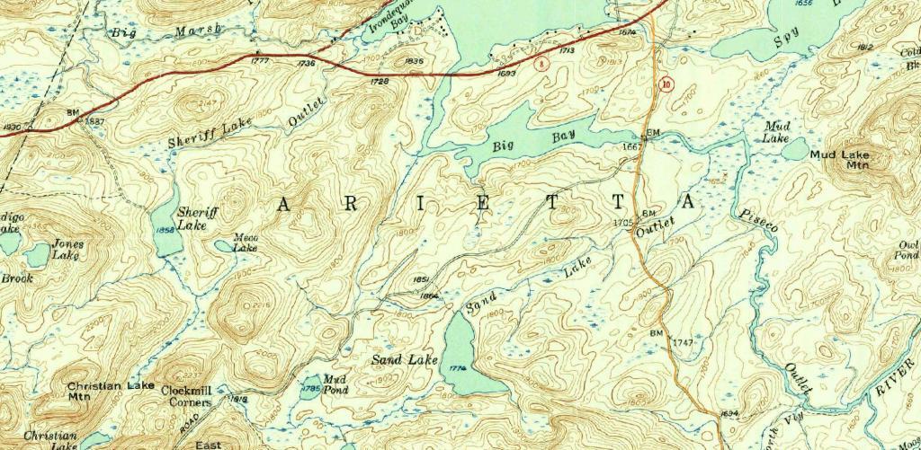Modern Route 10 overlaid on the old Arietta - Piseco Road (1954)