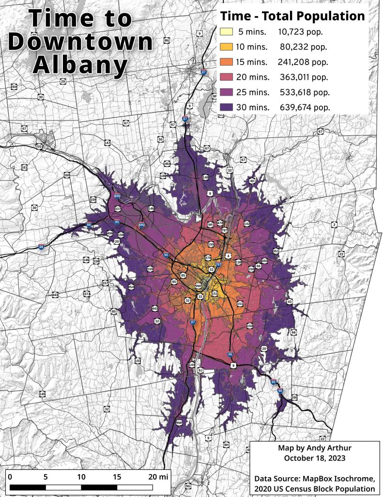 Thematic Map: Population within 30 Minutes of Downtown Albany