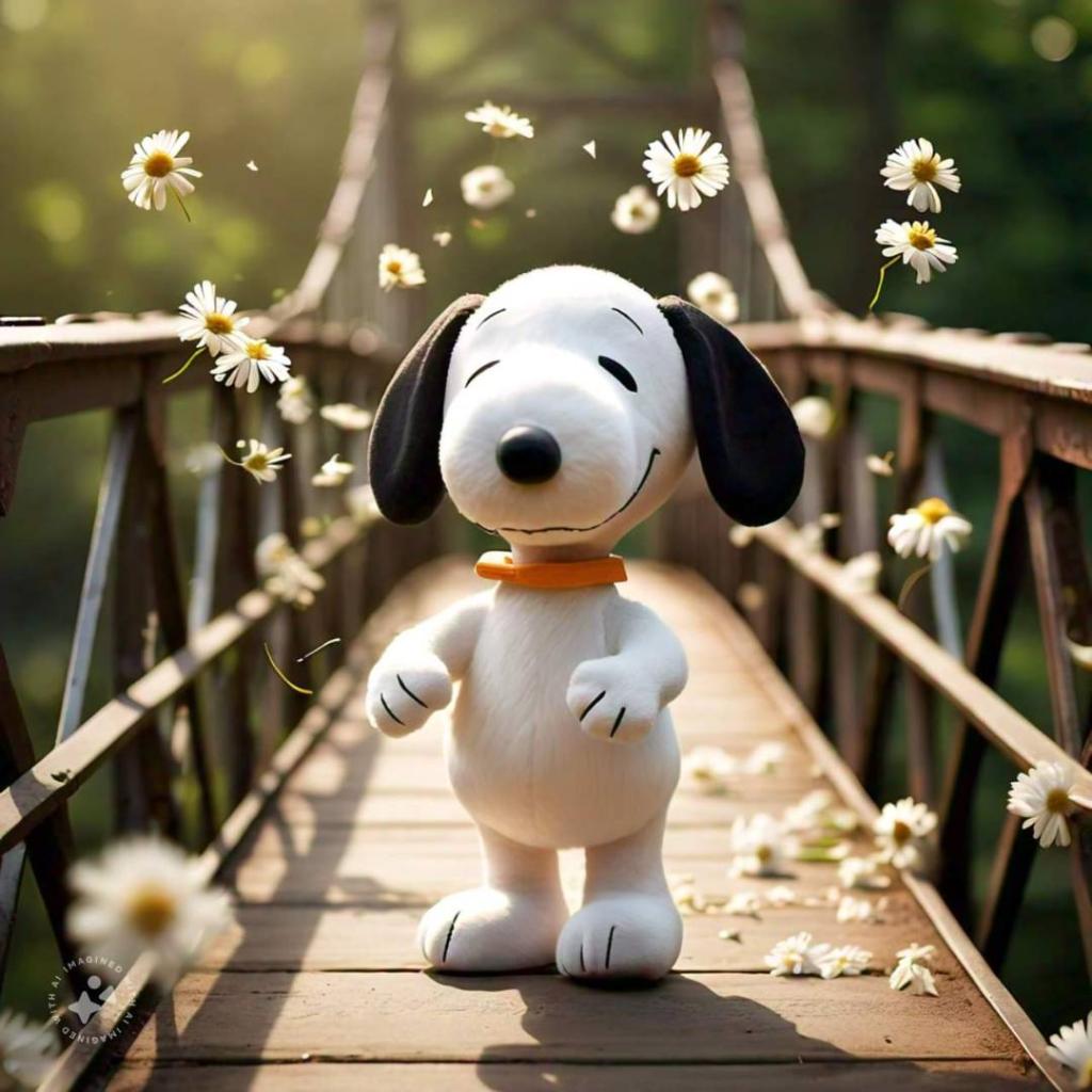 Photo: Snoopy tossing flowers off the bridge