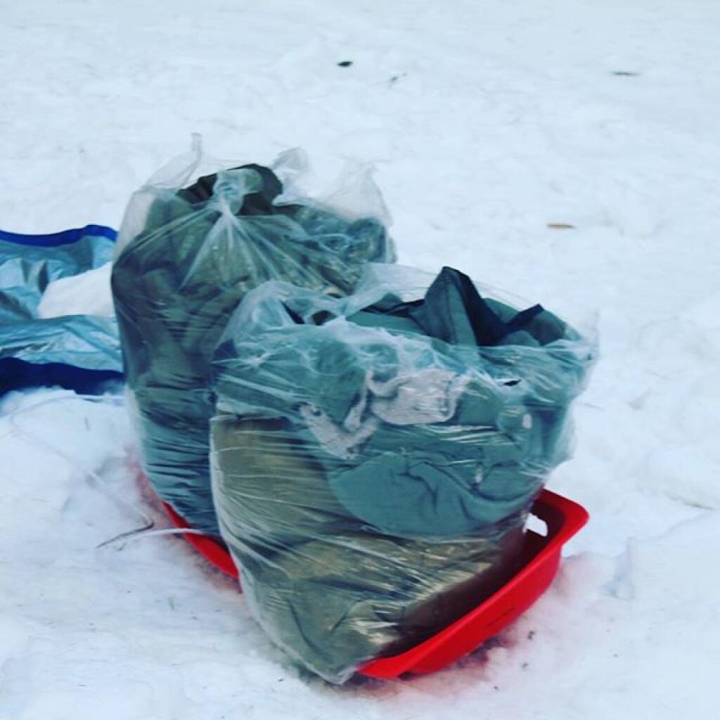 Photo: Lots of sleeping bags to stay warm after I shut heat off for the night