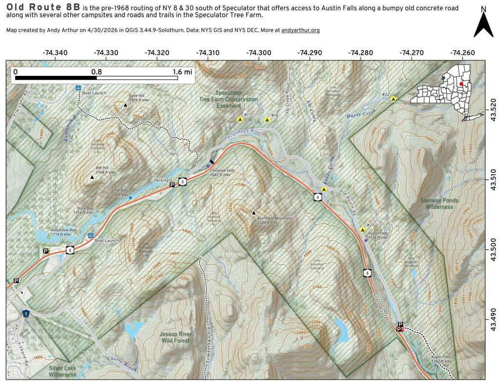 Map: Old Route 8B - Austin Falls - Robbs Creek - Camping