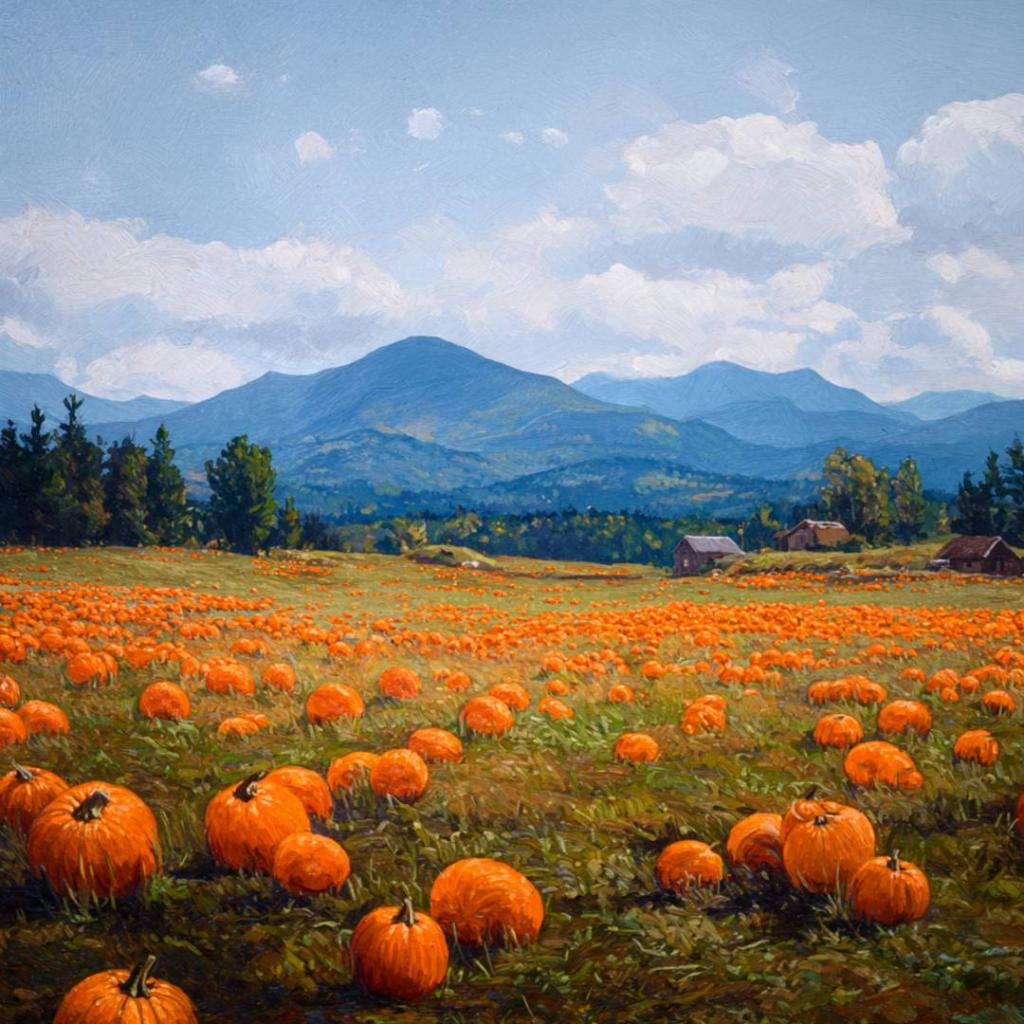 Photo: Pumpkin Field imagined by Meta AI in the style of Rockwell Kent